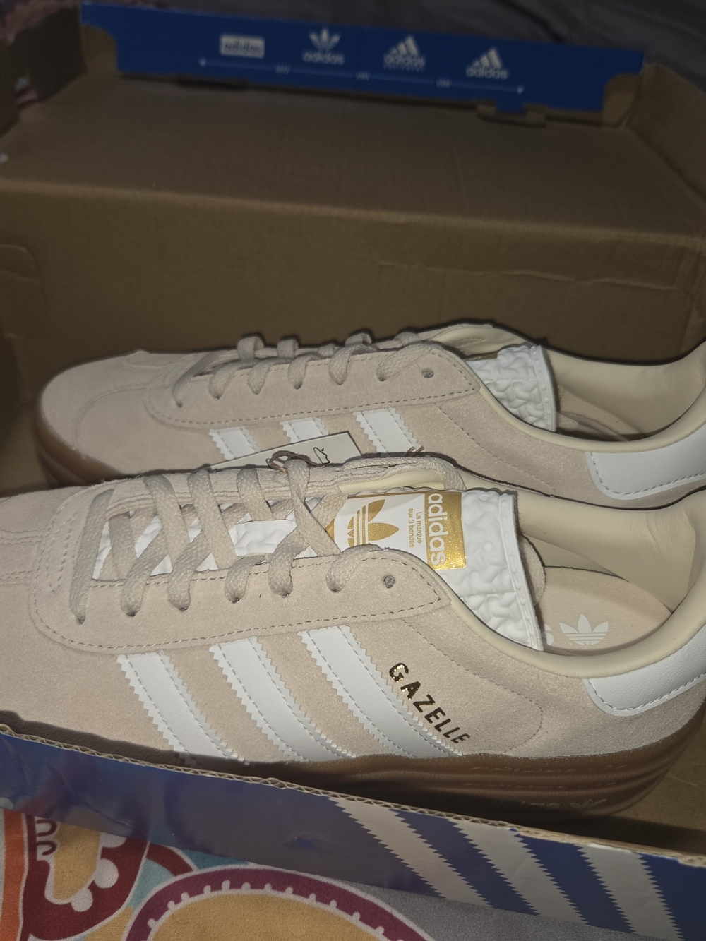 adidas Gazelle Bold Suede Sneakers in Stone Khaki/cream White/gold Metallic